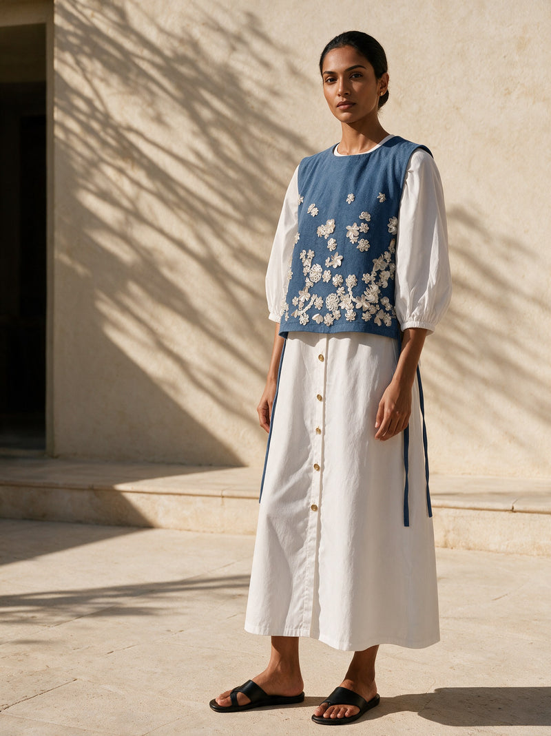 The Denim Overlay & Ivory Dress — front, Pummy Walia
