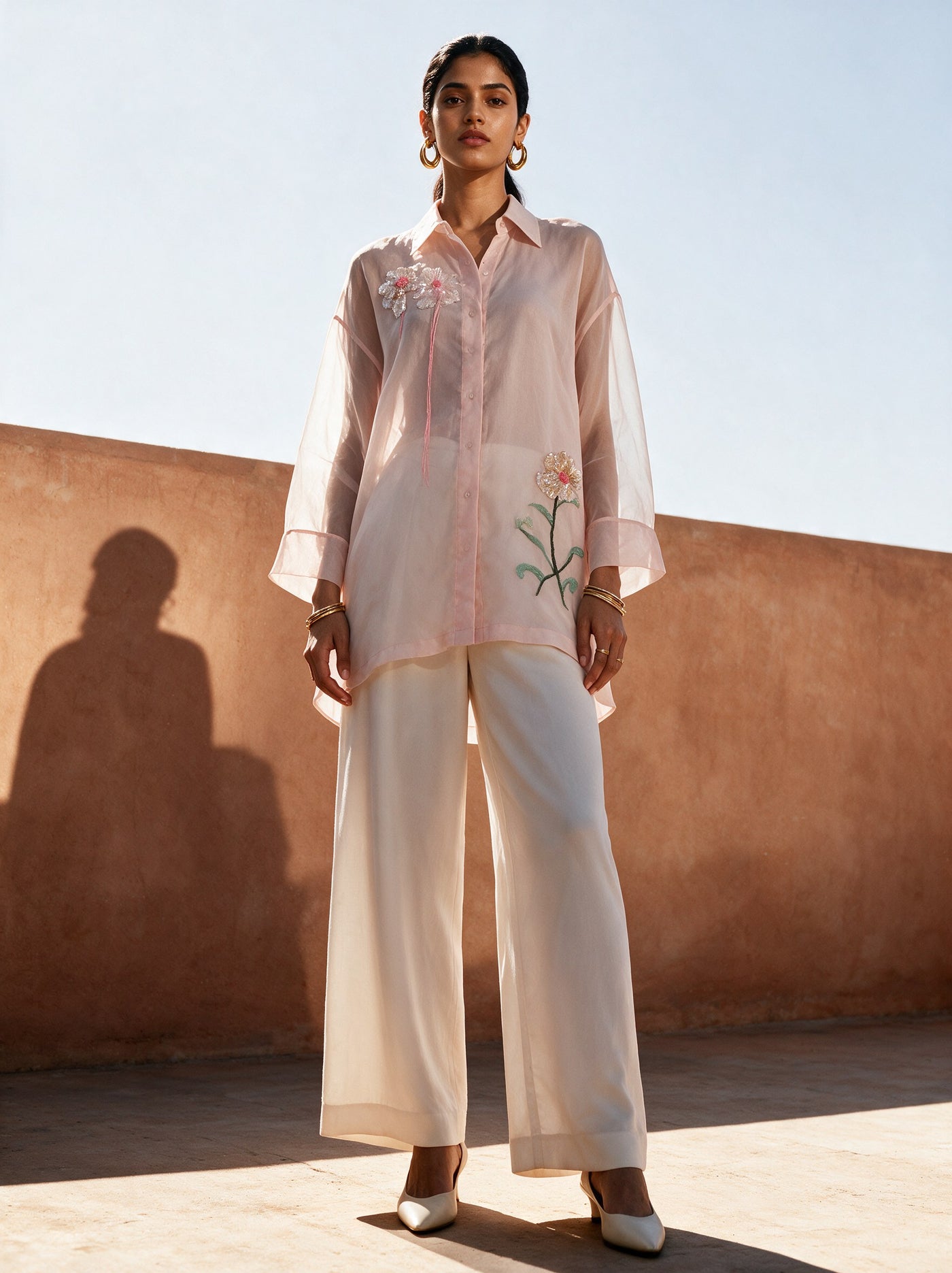 The Peach Organza Set — three-quarter view, Pummy Walia