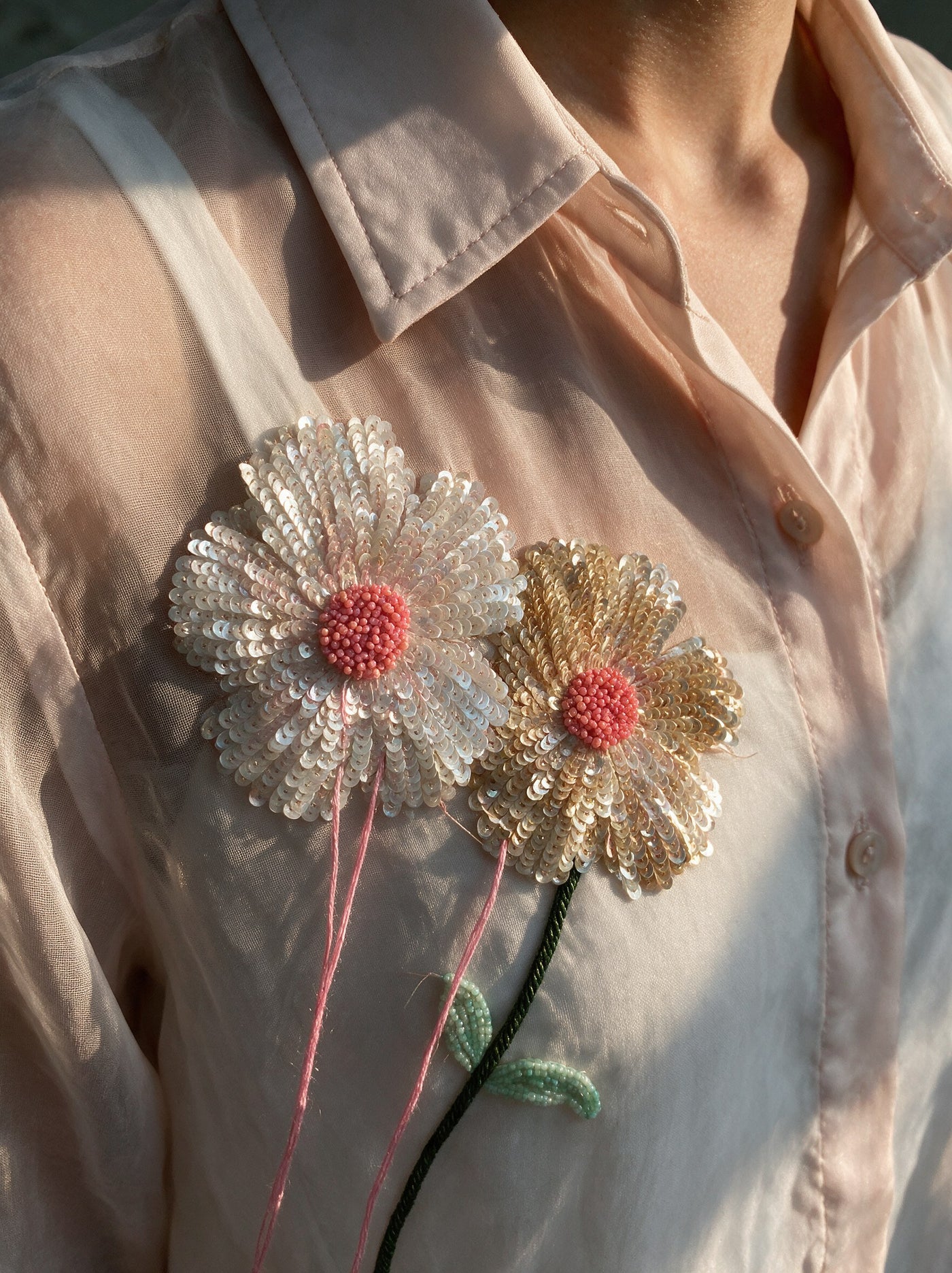 The Peach Organza Set — detail of the hand-work, Pummy Walia
