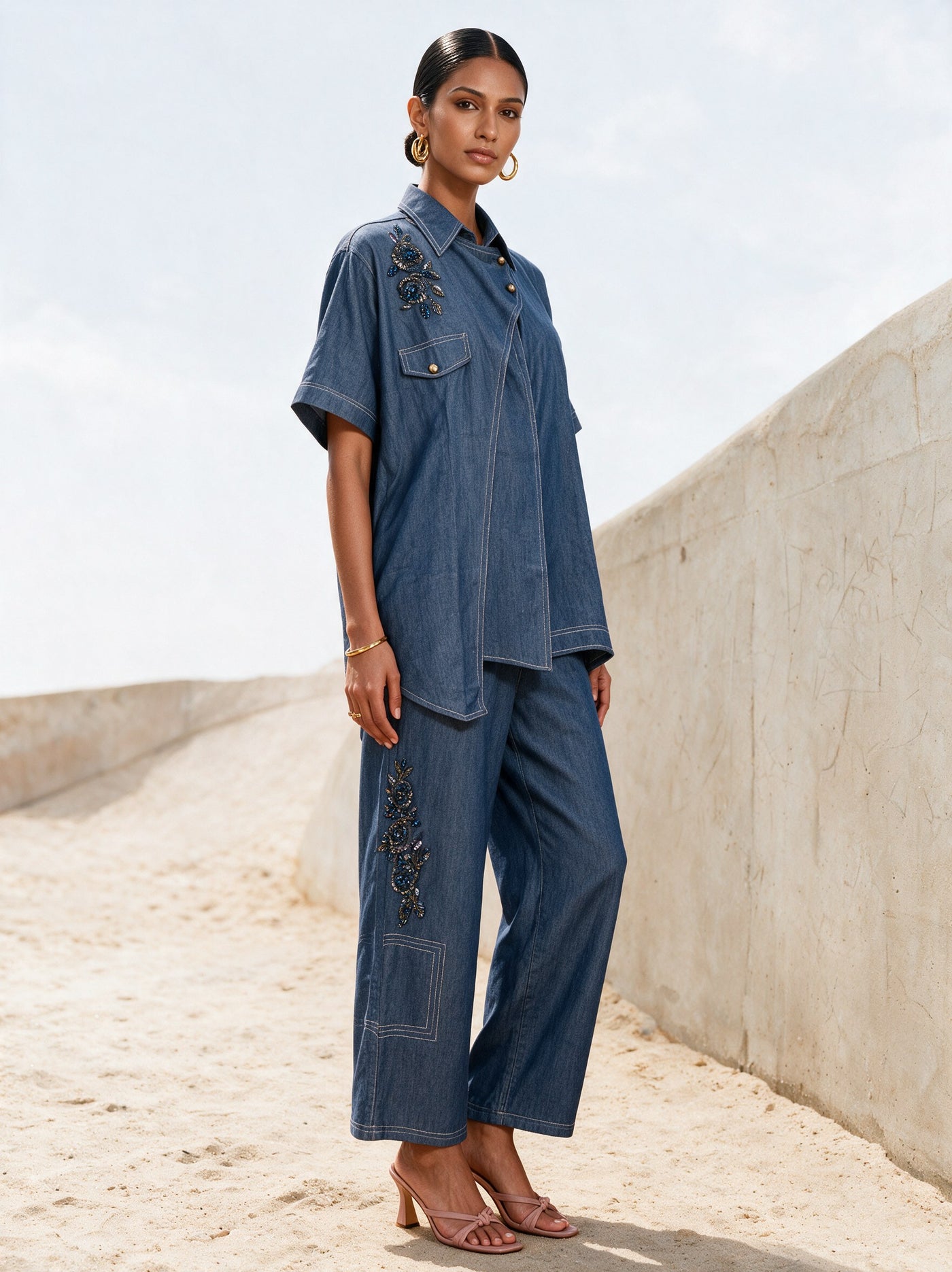 The Indigo Short-Sleeve Set — three-quarter view, Pummy Walia