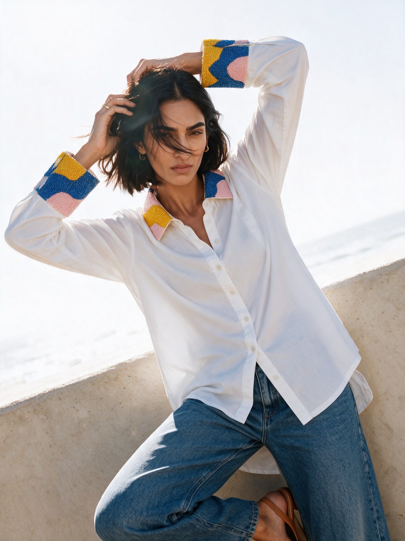 The Beaded Collar Shirt — three-quarter view, Pummy Walia