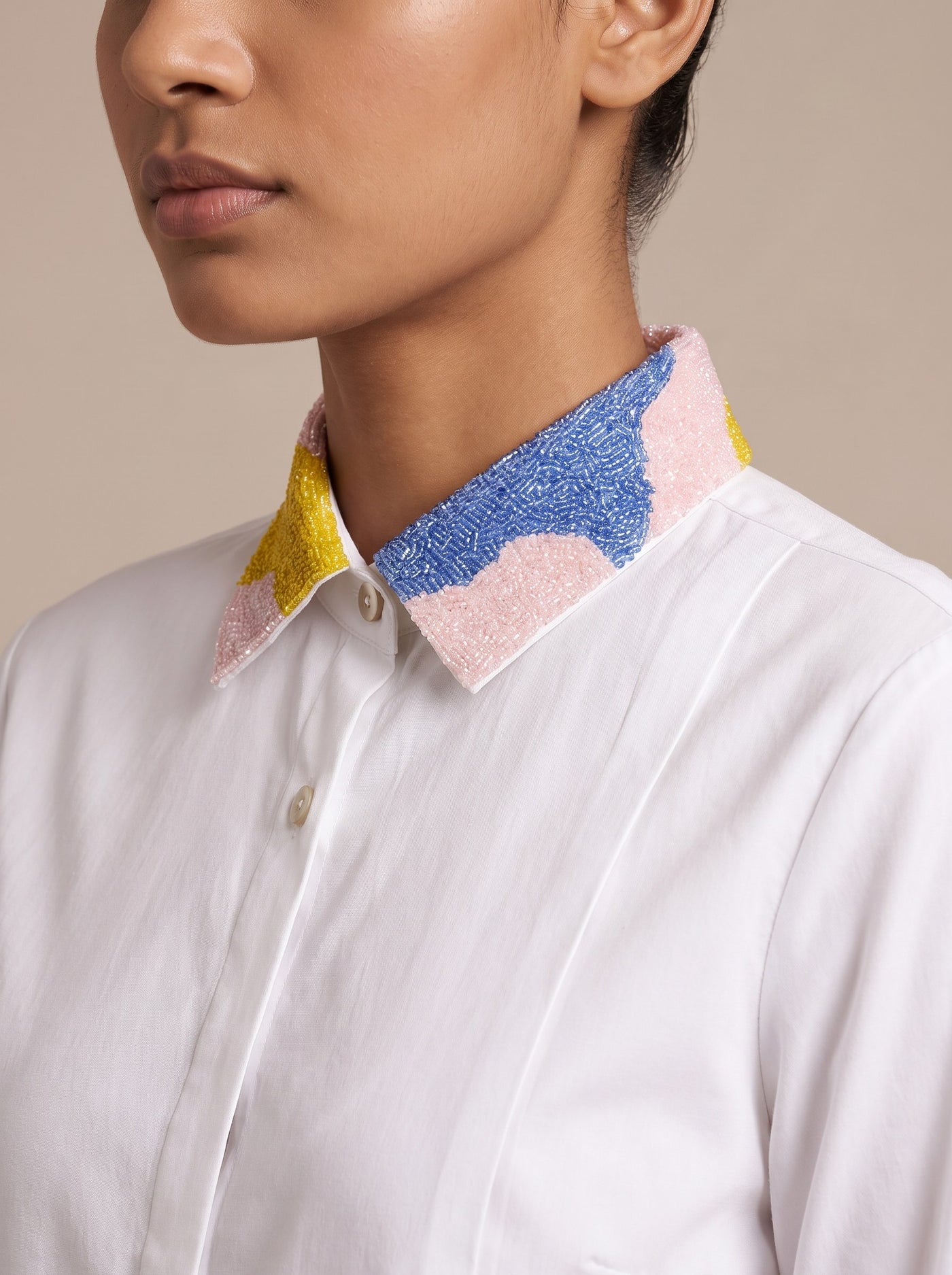 The Beaded Collar Shirt — studio shot, Pummy Walia