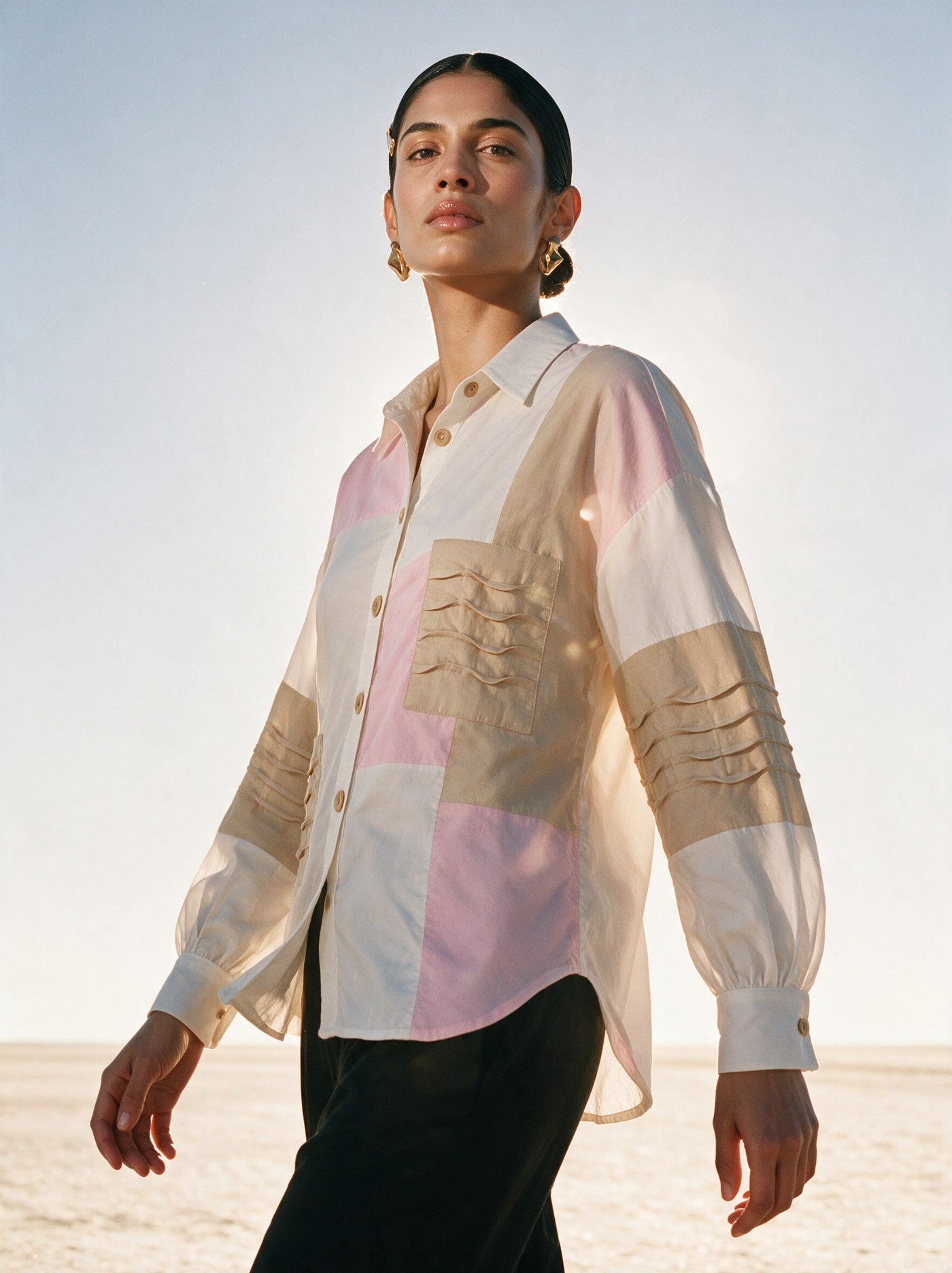The Patchwork Pintuck Shirt — three-quarter view, Pummy Walia