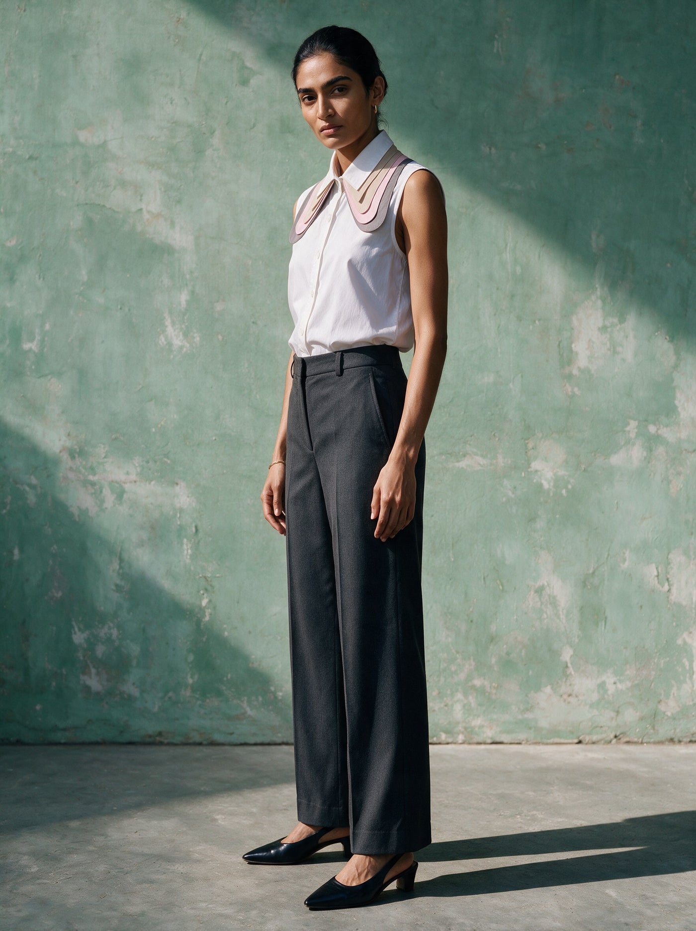 The Layered Collar Shirt — three-quarter view, Pummy Walia