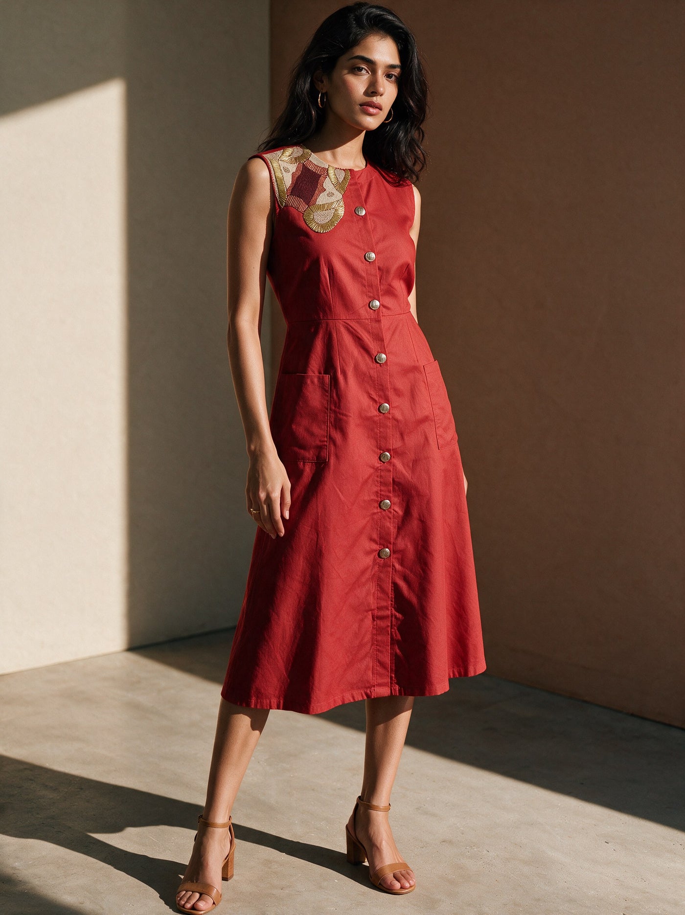 The Vermilion Button-Through Dress — three-quarter view, Pummy Walia