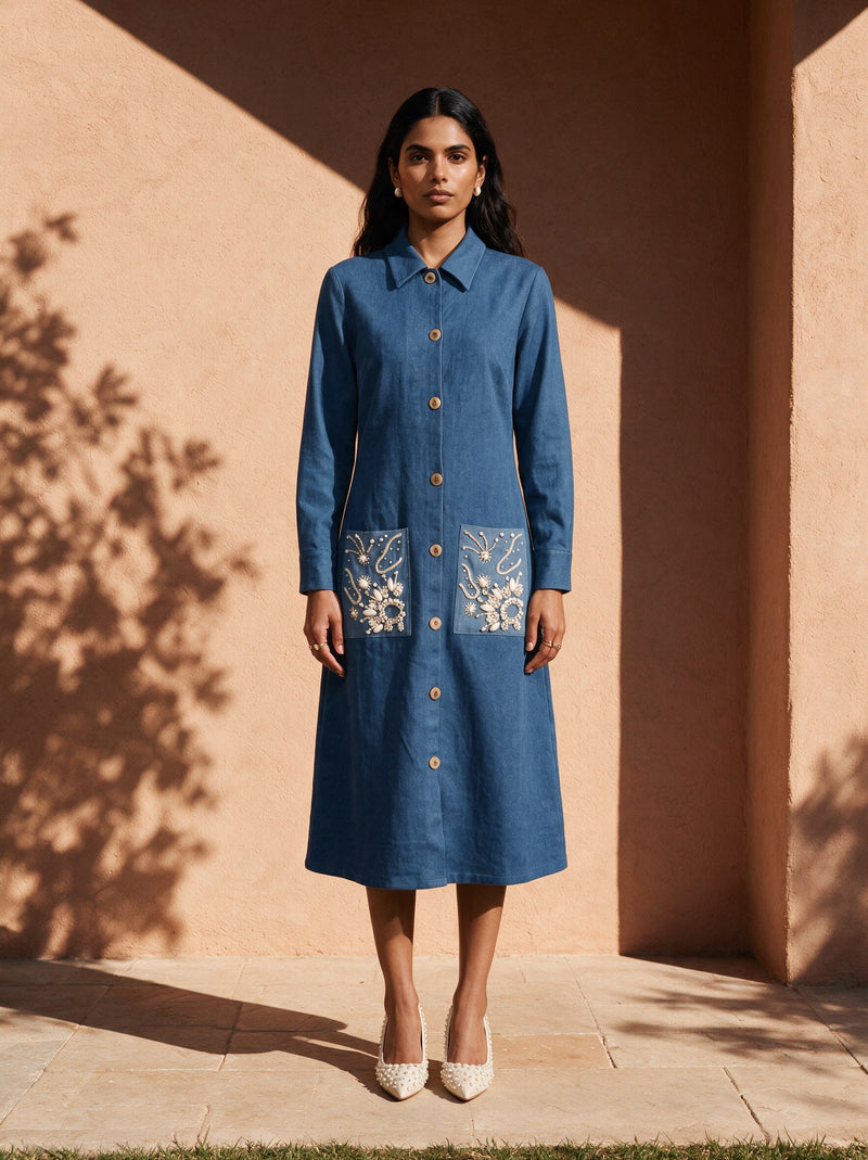 The Indigo Shirt Dress — front, Pummy Walia