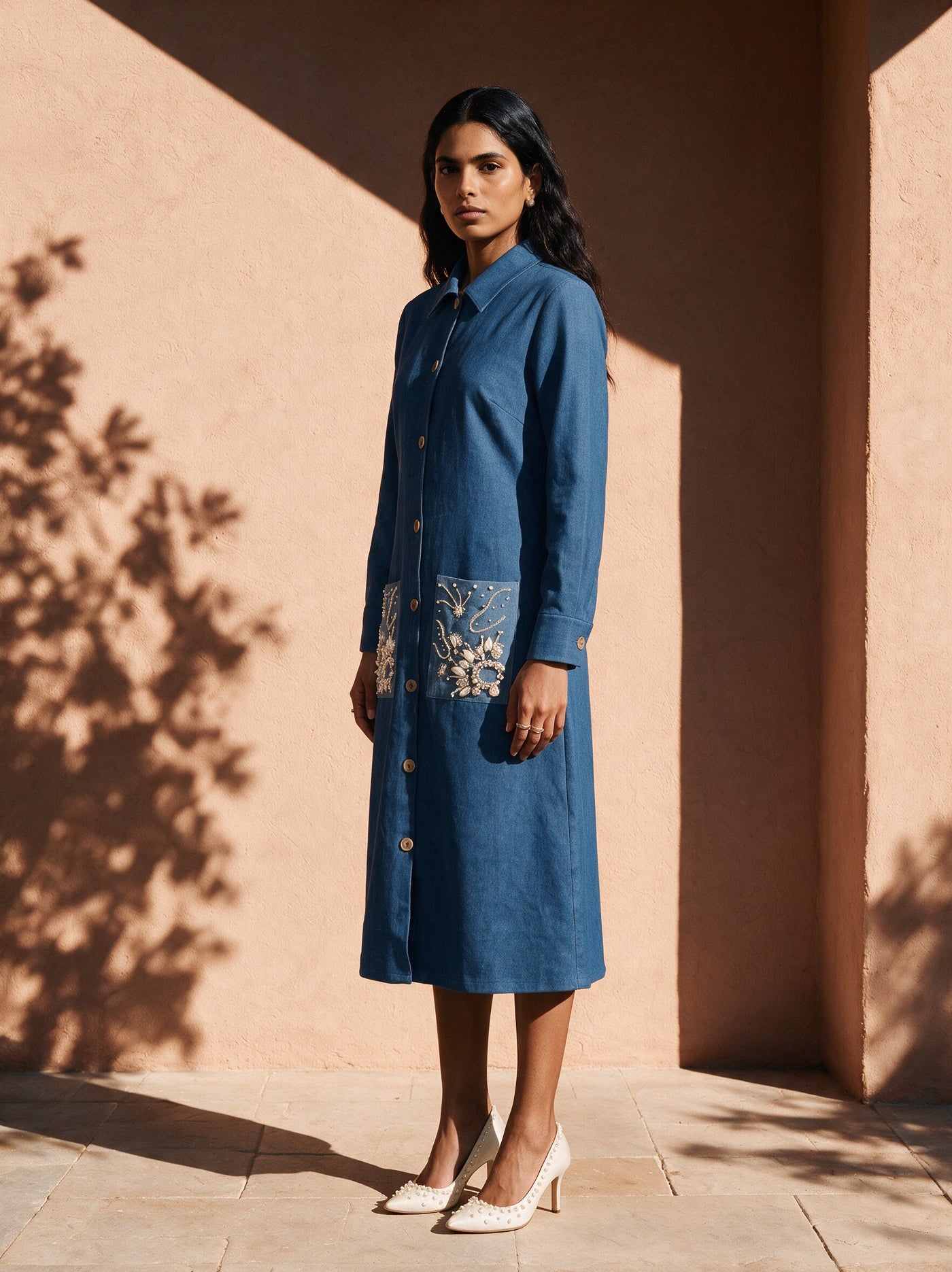 The Indigo Shirt Dress — three-quarter view, Pummy Walia
