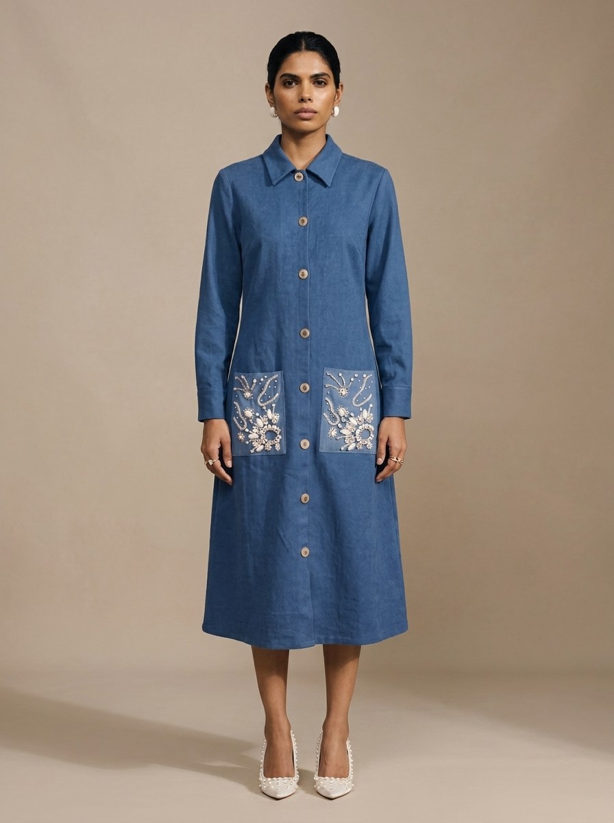 The Indigo Shirt Dress — studio shot, Pummy Walia