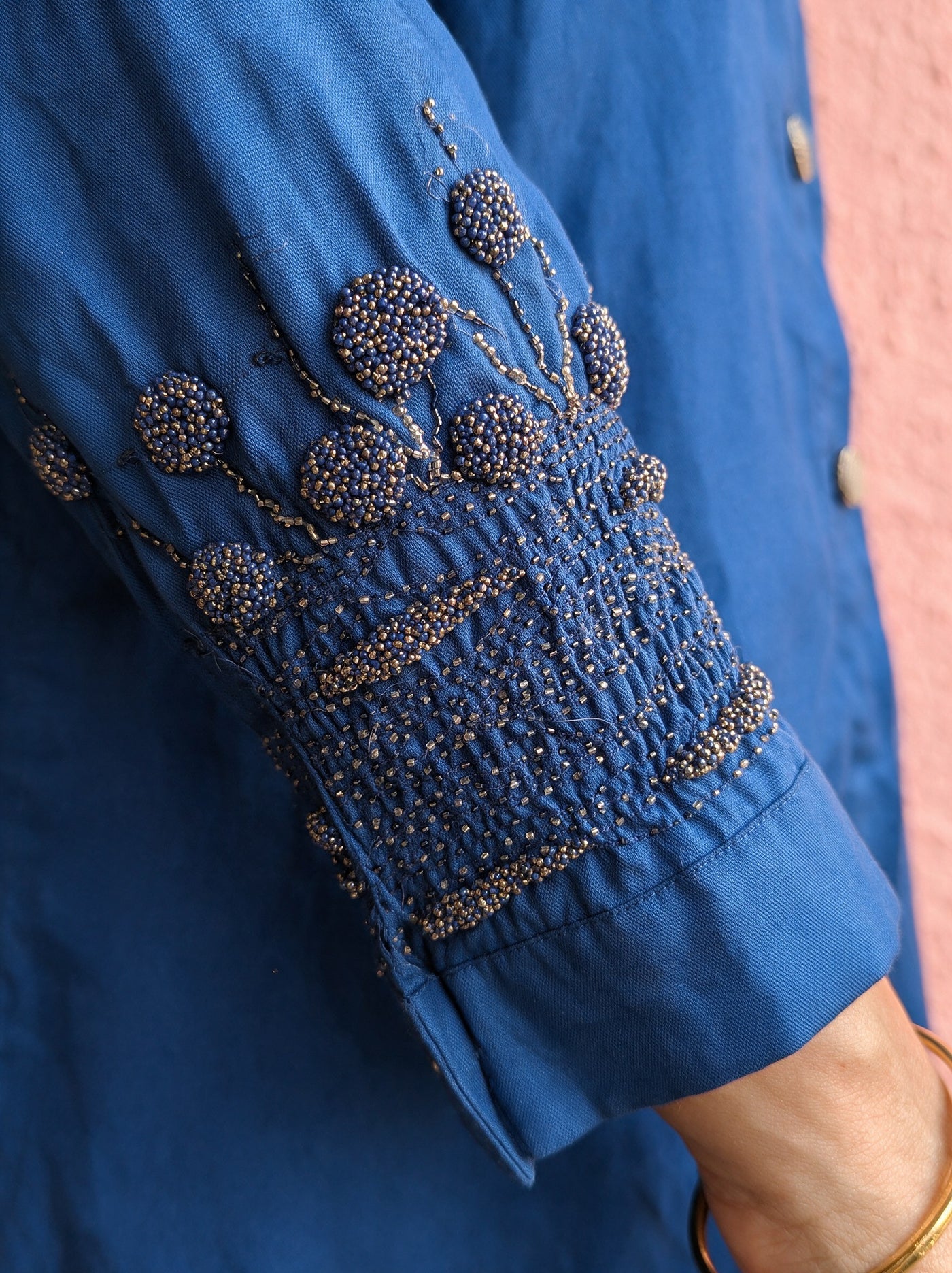 The Cobalt Sleeve Shirt — detail of the hand-work, Pummy Walia