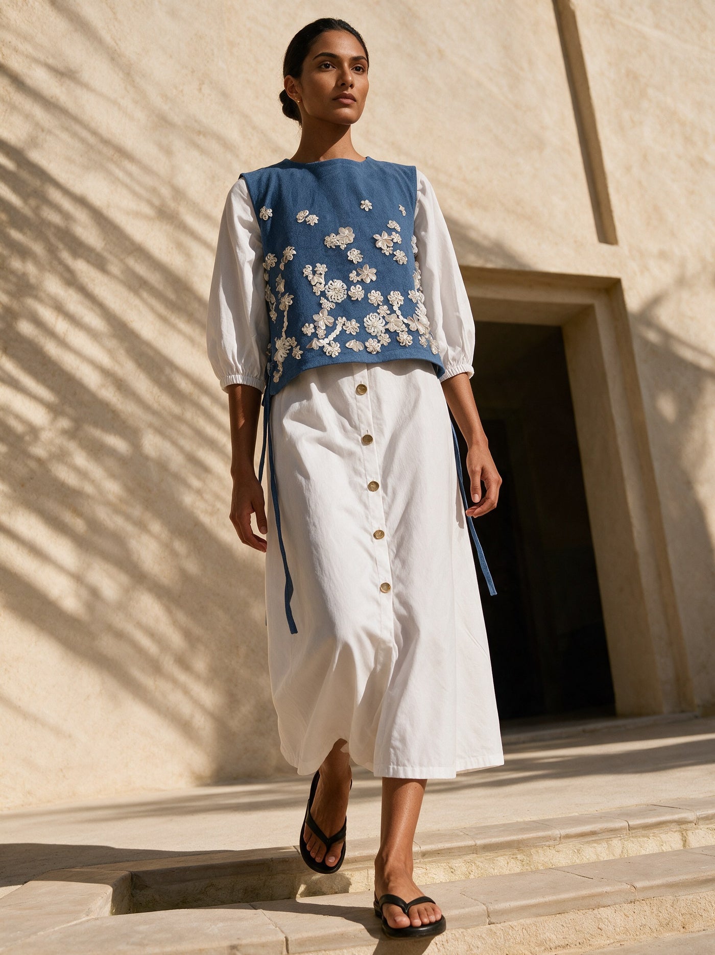 The Denim Overlay & Ivory Dress — three-quarter view, Pummy Walia
