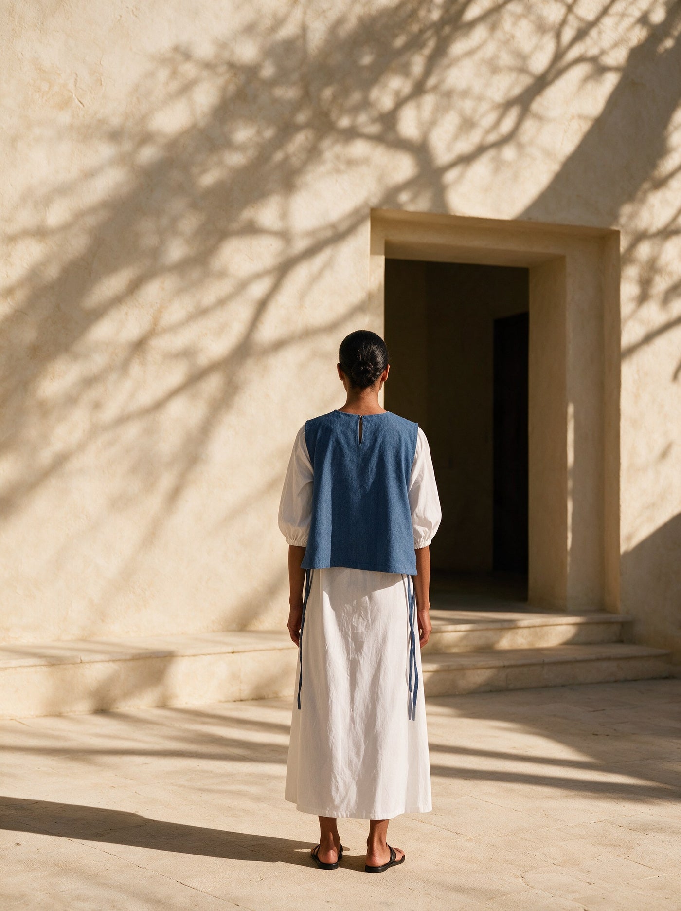 The Denim Overlay & Ivory Dress — back, Pummy Walia