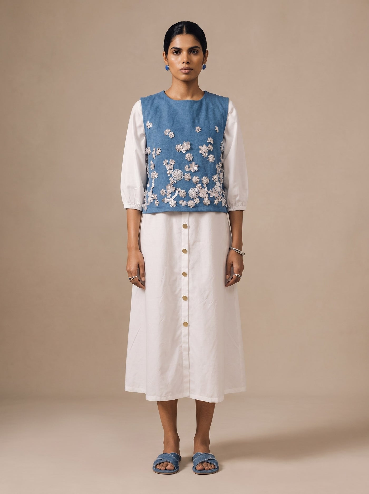 The Denim Overlay & Ivory Dress — studio shot, Pummy Walia