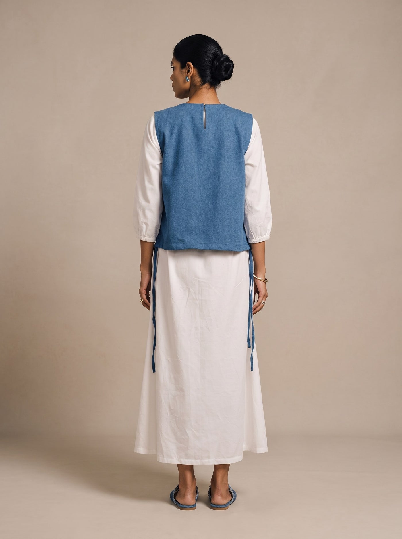 The Denim Overlay & Ivory Dress — studio shot, Pummy Walia