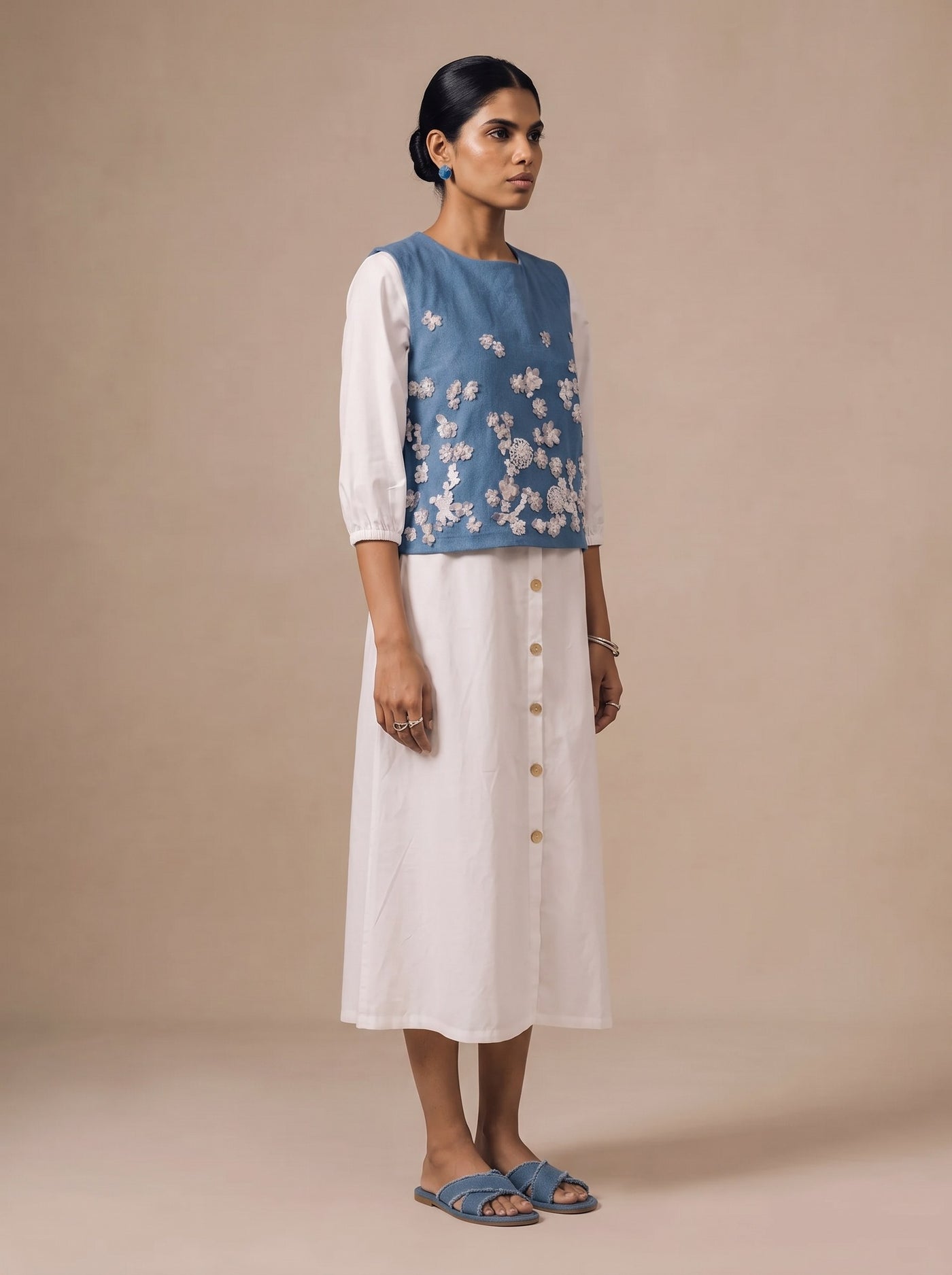 The Denim Overlay & Ivory Dress — studio shot, Pummy Walia