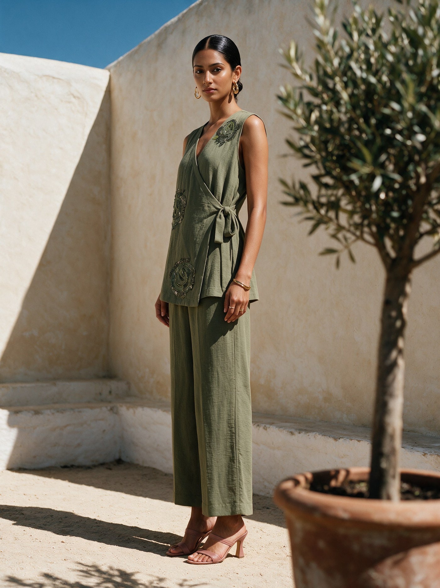 The Olive Wrap Set — three-quarter view, Pummy Walia