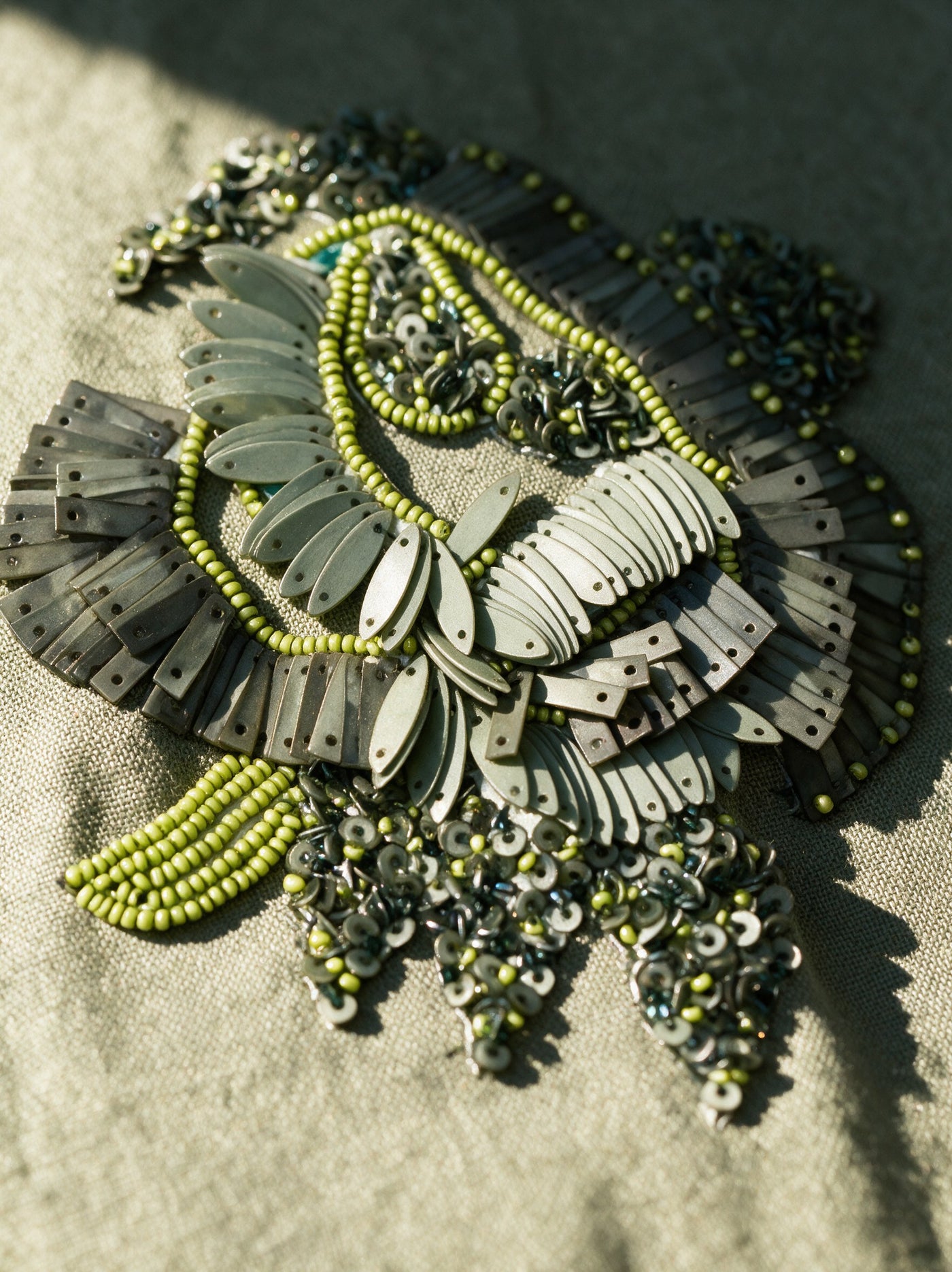 The Olive Wrap Set — detail of the hand-work, Pummy Walia