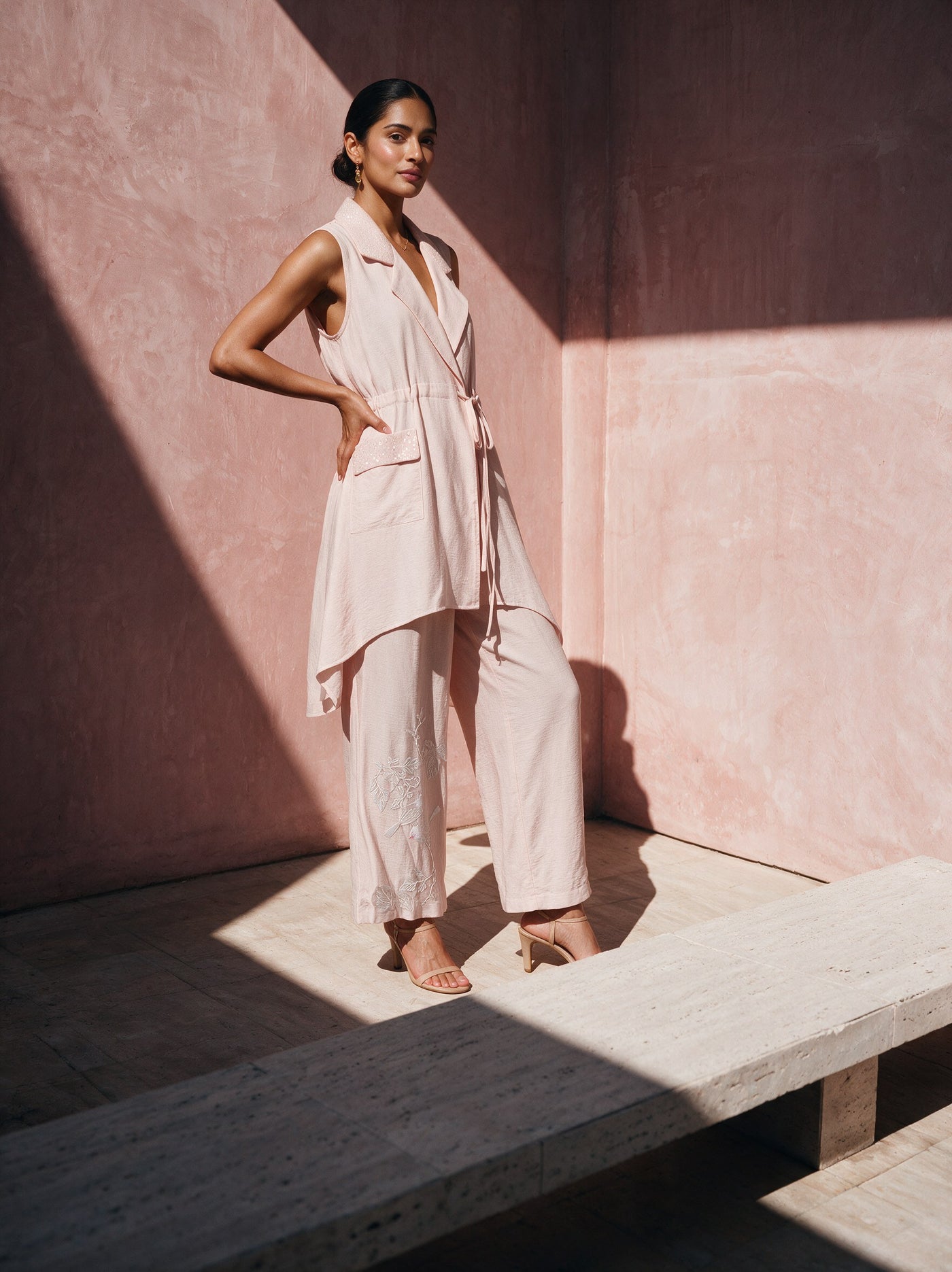 The Blush Wrap Gilet Set — three-quarter view, Pummy Walia