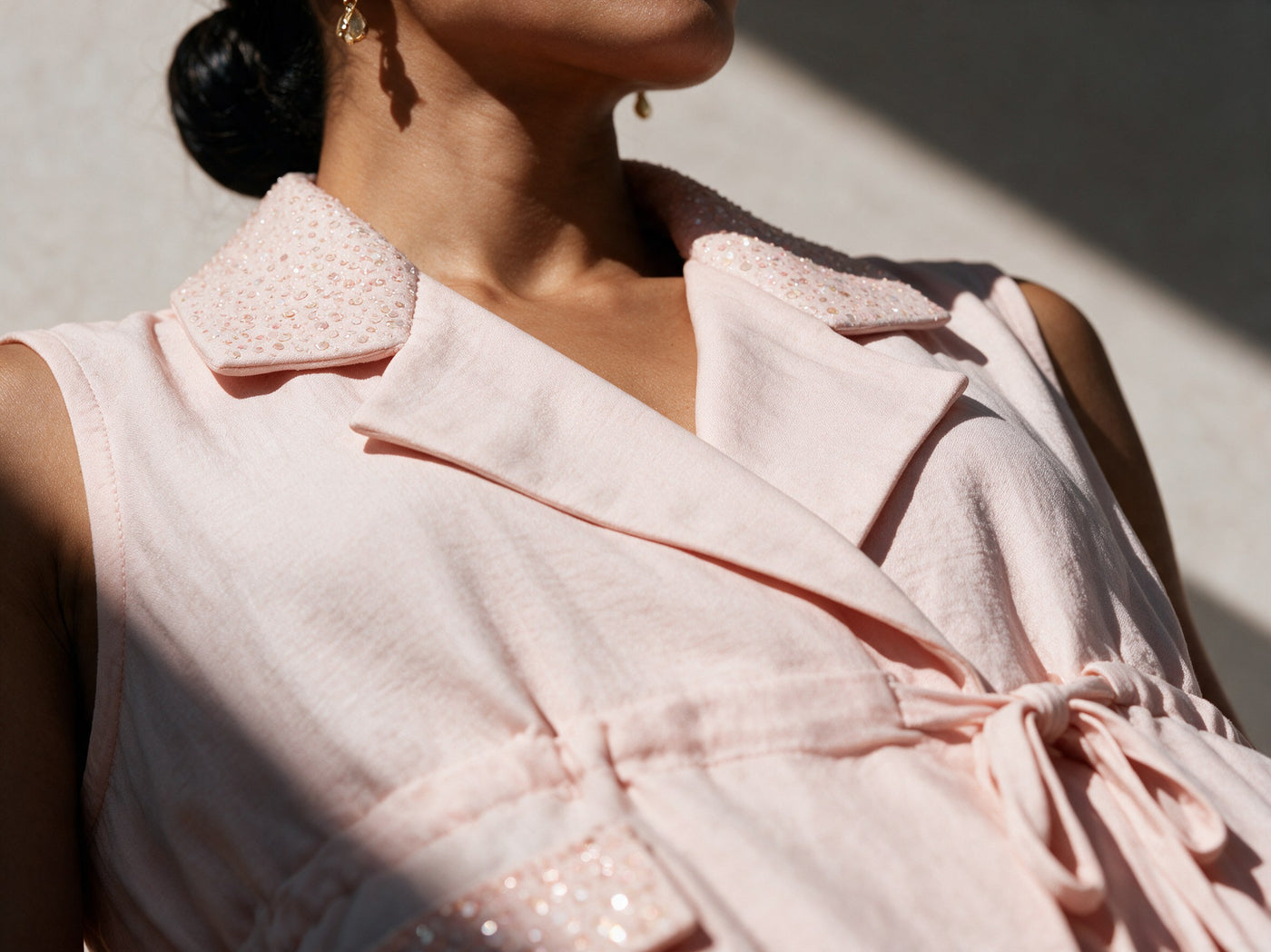 The Blush Wrap Gilet Set — detail of the hand-work, Pummy Walia