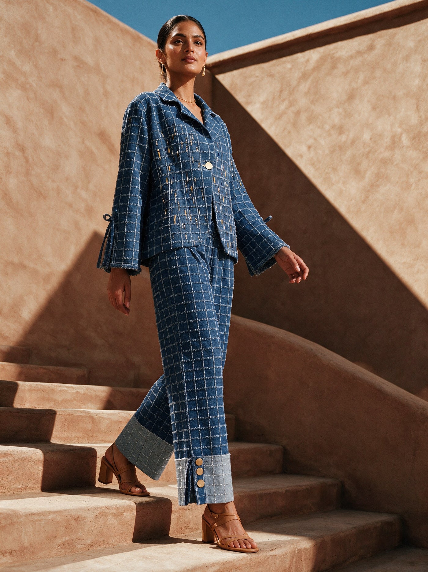 The Windowpane Blazer Set — three-quarter view, Pummy Walia